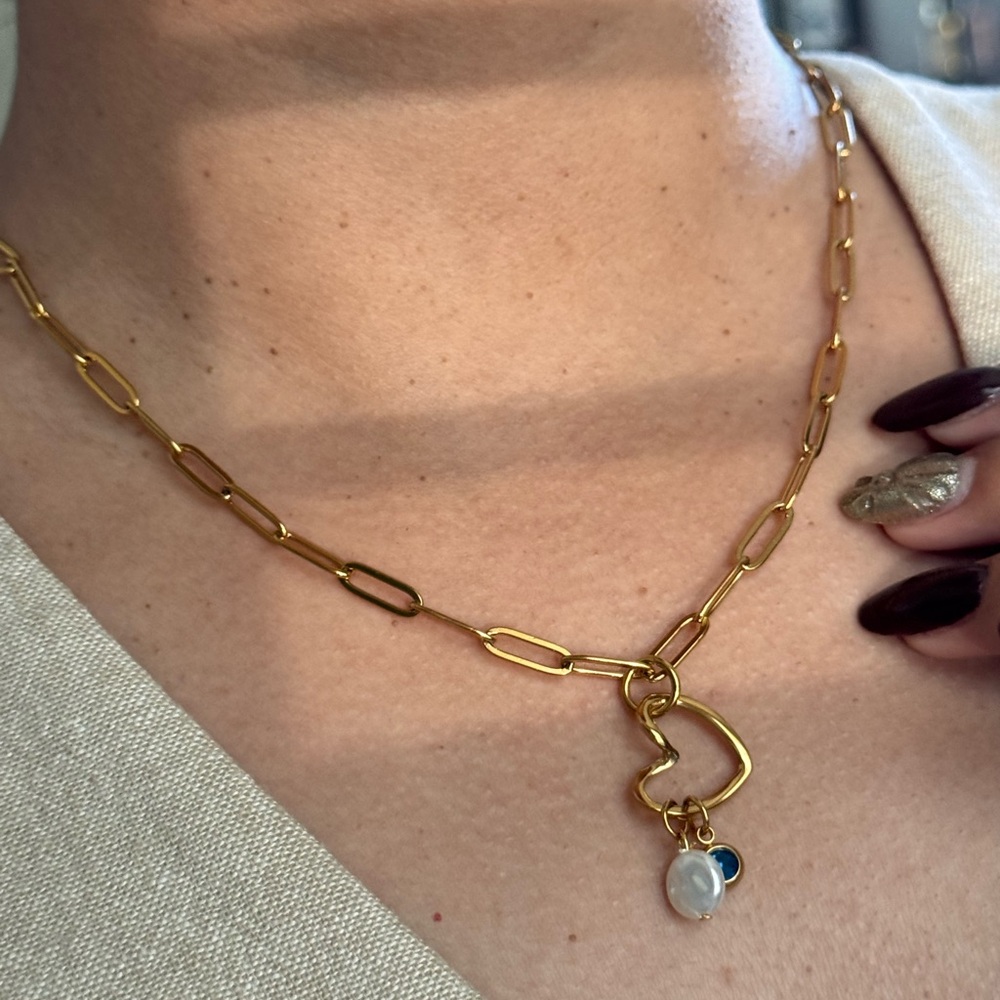 Gold Heart Pendant Necklace with Pearl and Blue Charm - Picture 3 of 4